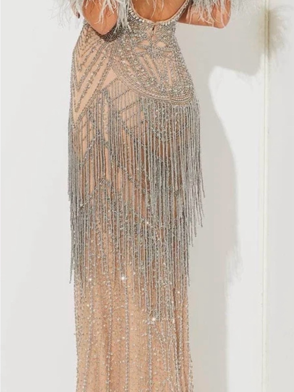 Portia and Scarlett Nude and Silver Beaded Fringe Gown